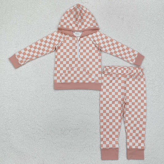 Baby Boys khaki Checker Hoodie Top pants Outfit