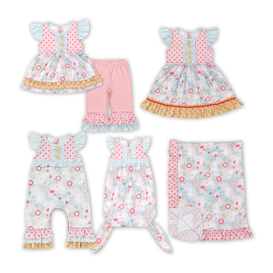 Sibling Baby Girls Easter Rabbit Flowers Dresses Set And Rompers