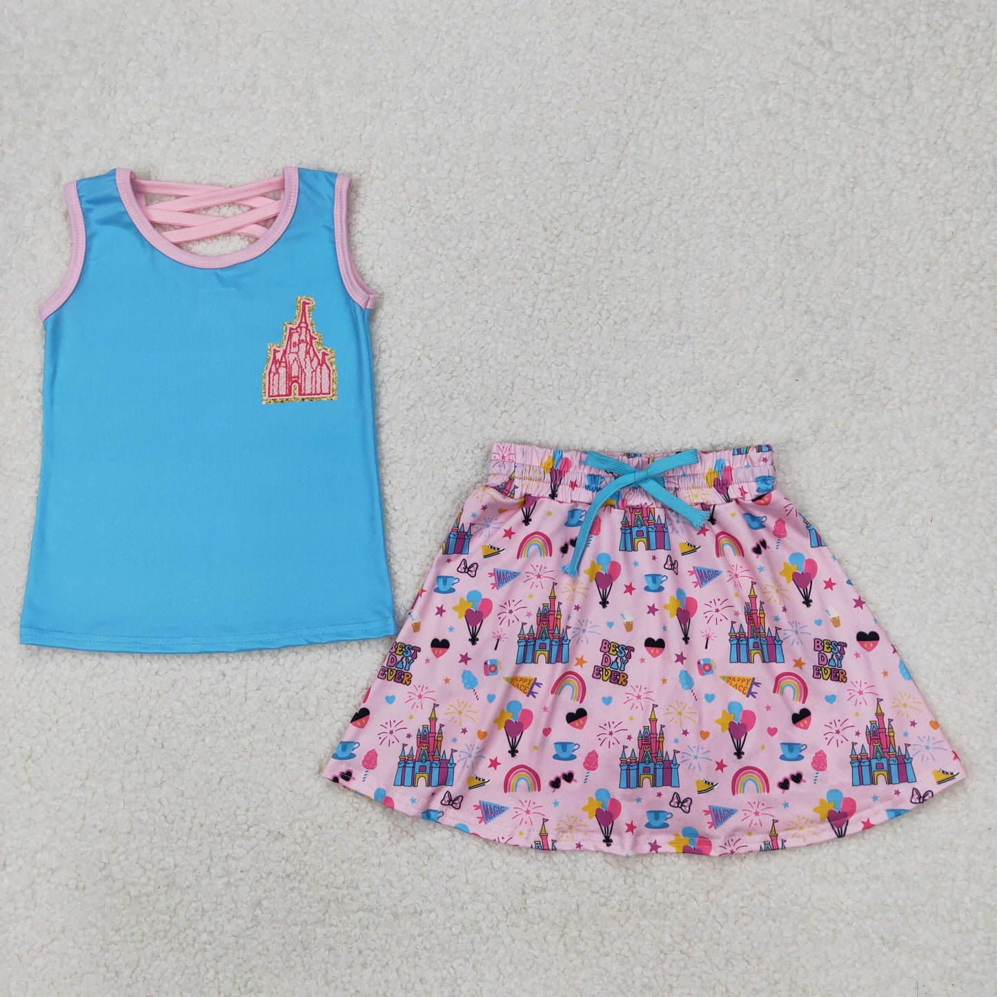 Baby Girls Blue Sleeveless Castle Top Pink Cartoon Mouse Skirt Set