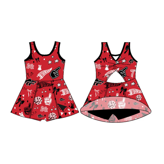 Preorder 5 MOQ Baby Girls Sleeveless Red Wolves Bows Shorts Team Dresses