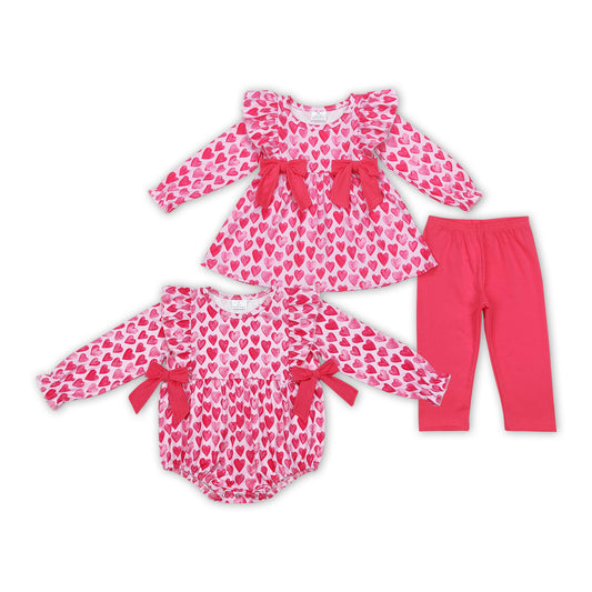 Sibling Baby Girls Pink Hearts Bows Print Valentines Clothes Sets