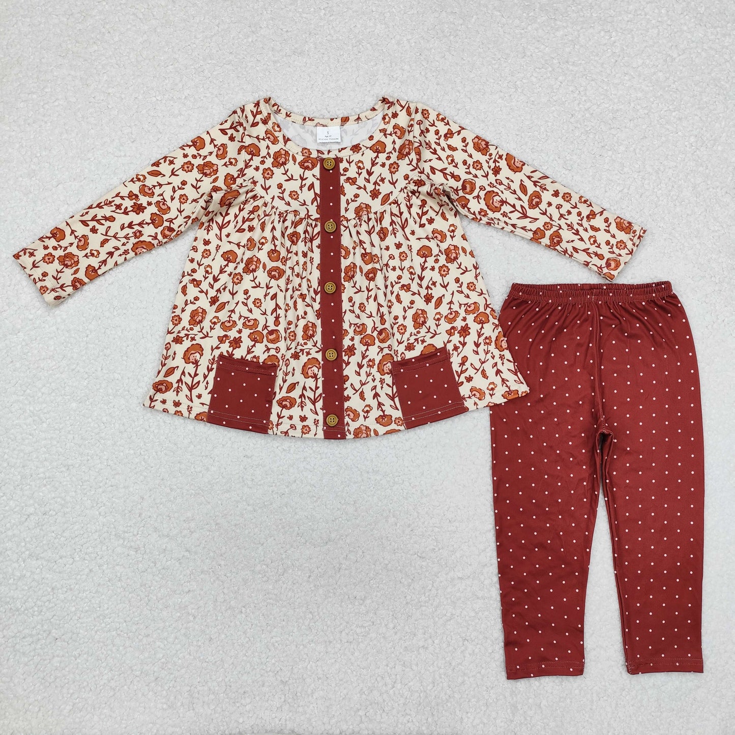 Baby Girls Brown Floral Long Sleeve Tunic Top Polka Dot Leggings Pants Set