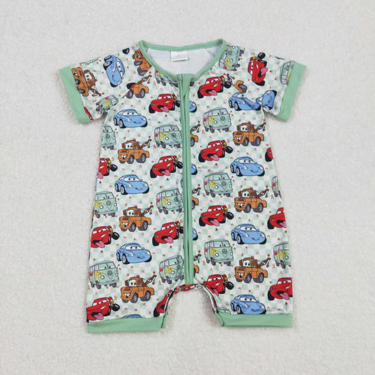 Baby Boys Green Short Seeves Cartoon Cars Zipper Romper