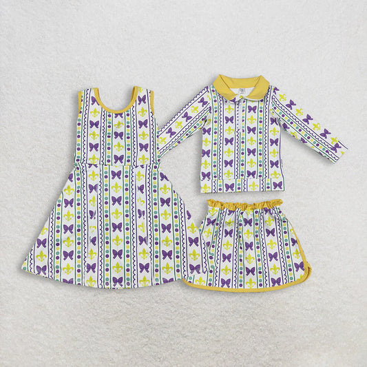 Sibling Baby Girls  Mardi Gras Purple Bow Print Active Dress and Skirt Set