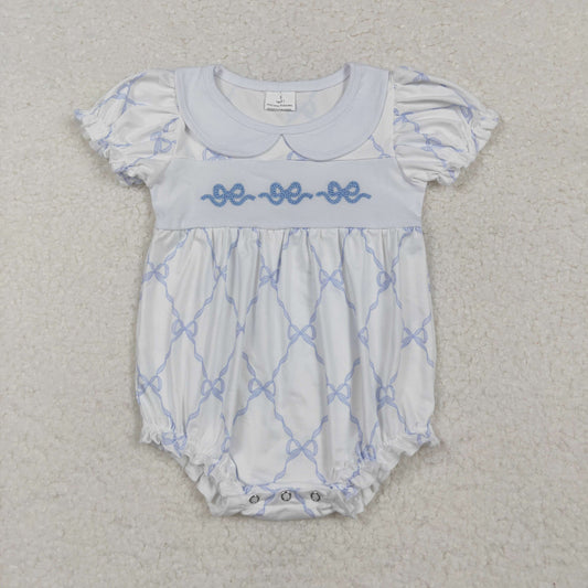 Newborn Baby Girls Blue Bow Short Sleeve Bubble Romper