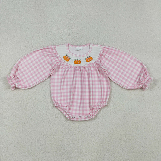 LR2181 Baby Girls Pumpkin Pink Gingham Long Sleeve Romper