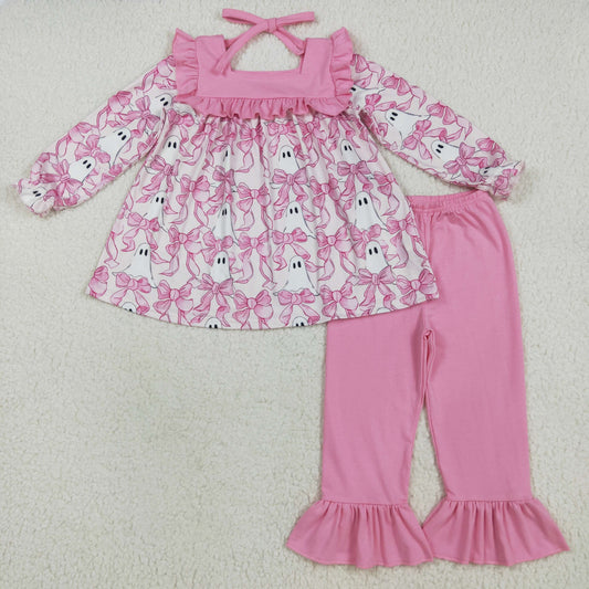 GLP2362 Kids Girls Halloween Ghost Pink Bow Tunic Top Pants Set