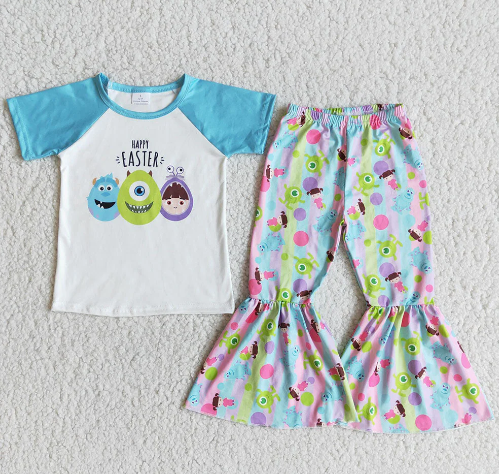 Baby Girls Aqua Short Sleeves Easter Monster Top Bell Bottom Pant Set