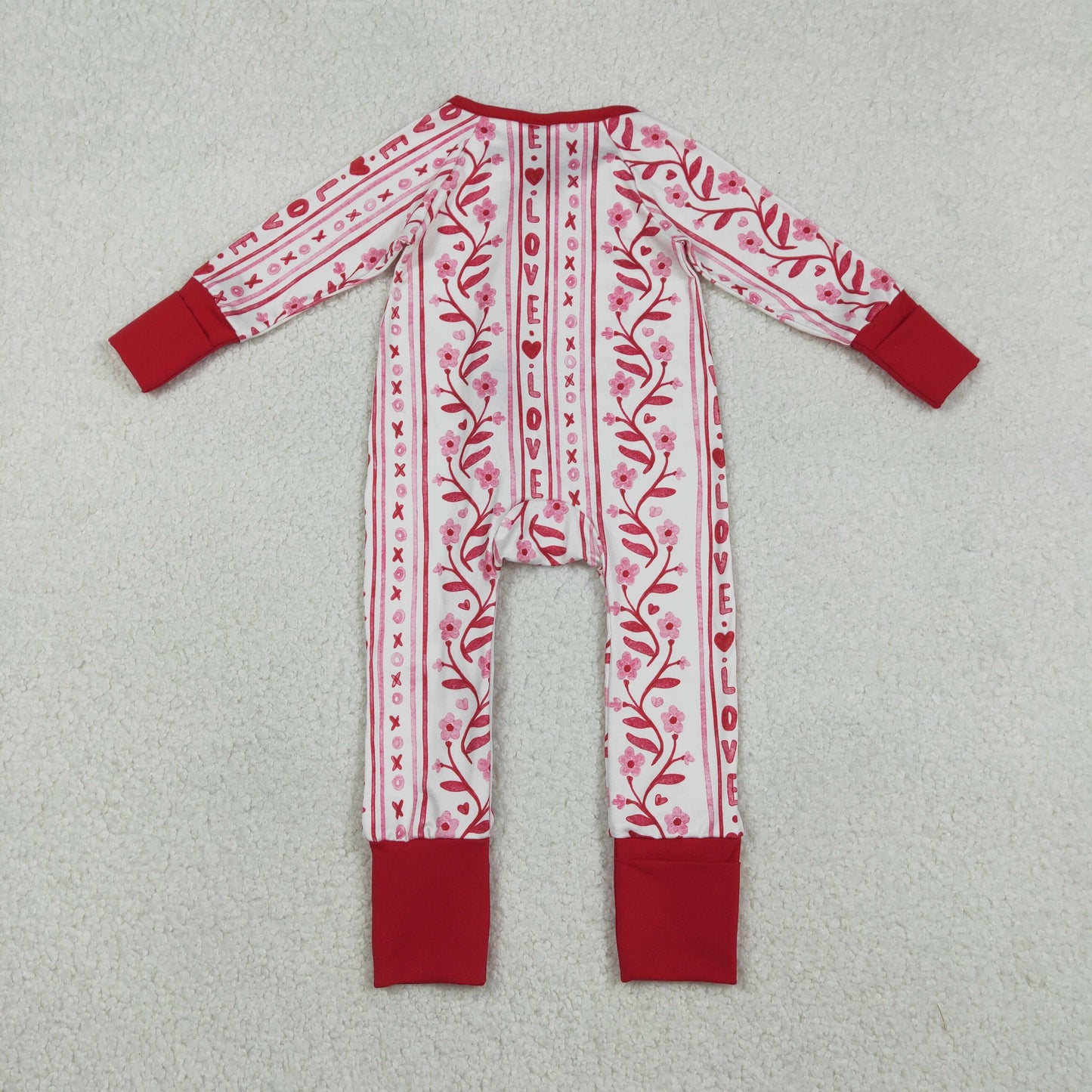 LR2884 Baby Girls Pink Flowers Love Long Sleeve Zipper Romper