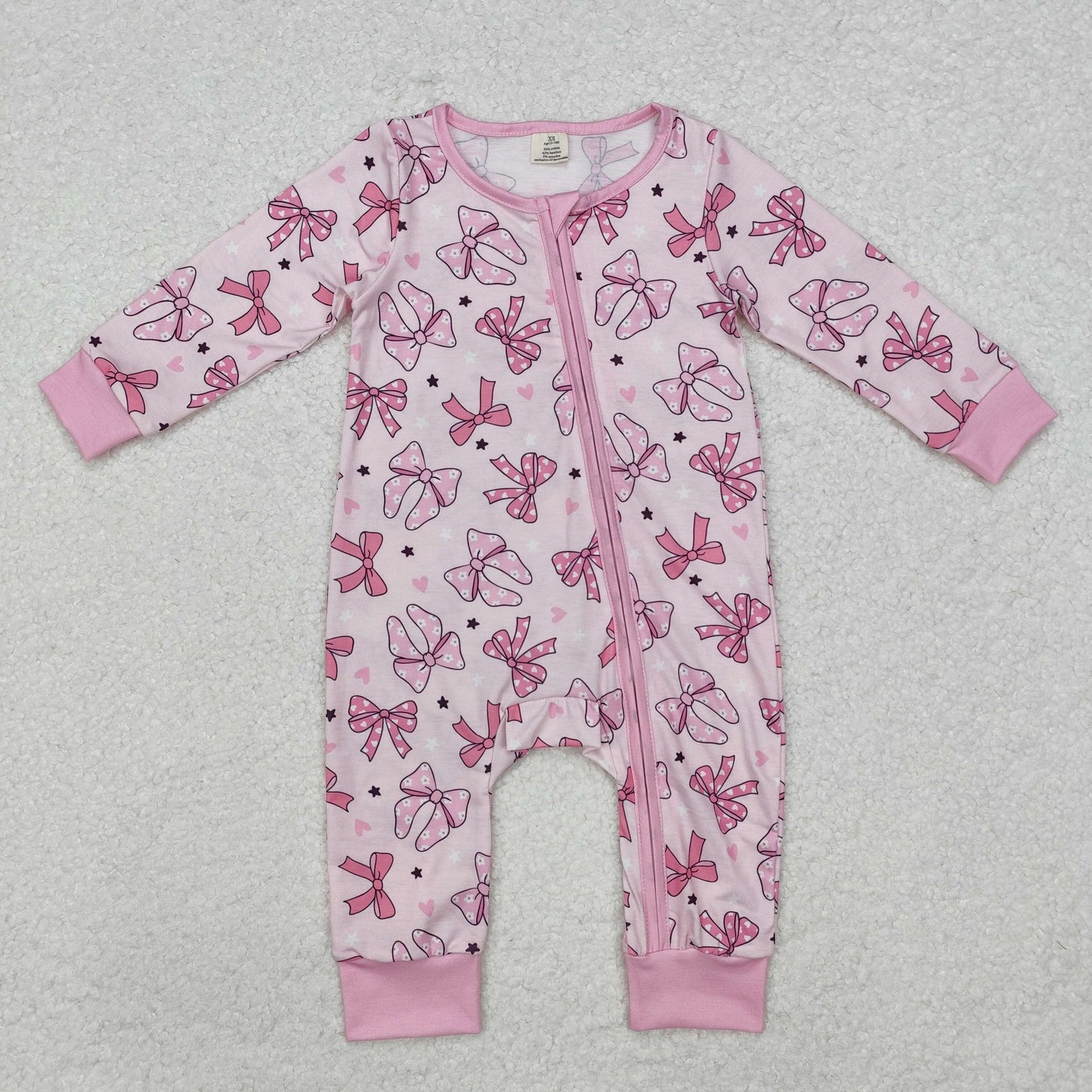 LR1608 Newborn Baby Girls Pink Bow Zipper Bamboo Romper