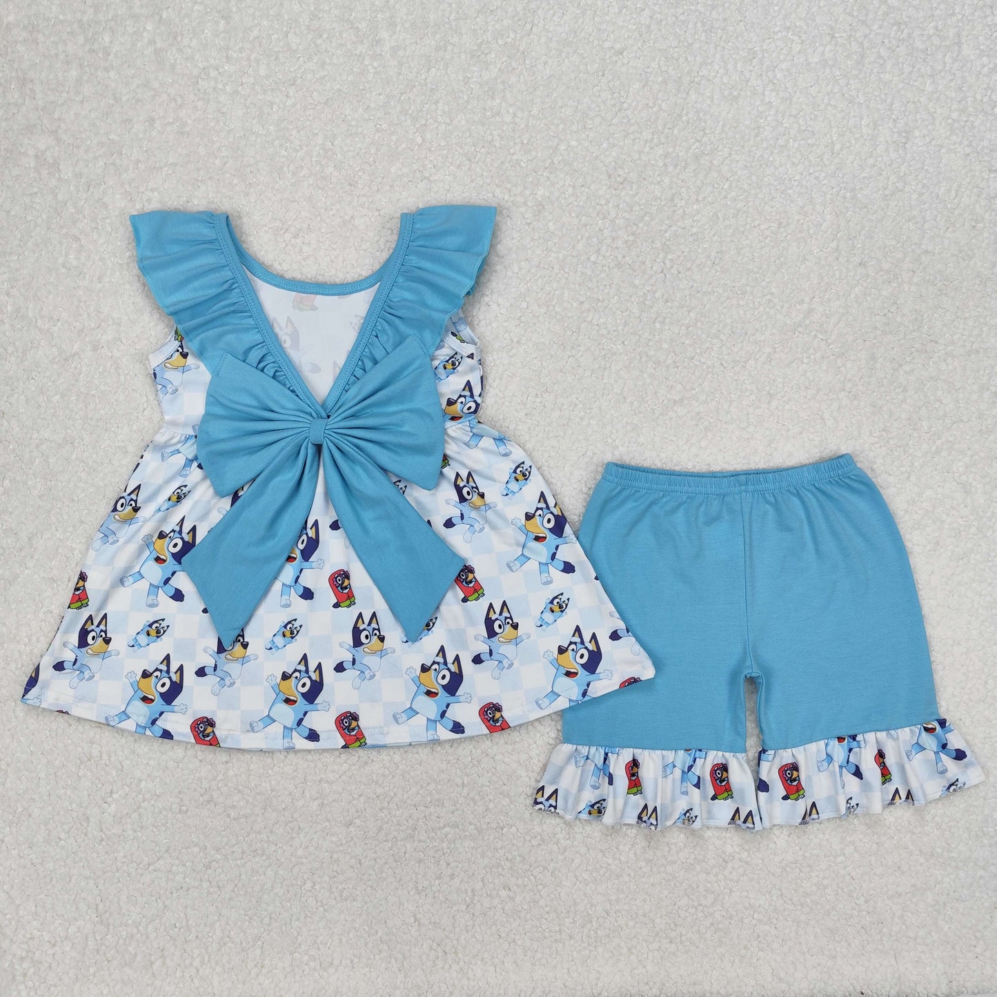 Baby Girls Blue Sleeveless Plaid Cartoon Dogs Tunic Ruffle Short Set