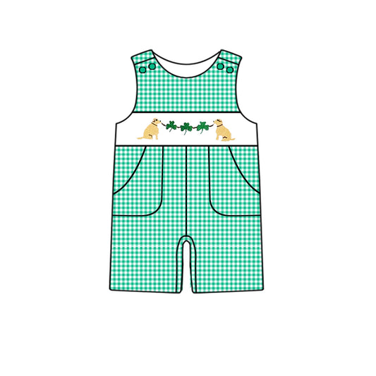 Baby Boys Sleeveless Aqua Plaid Clovers Dogs Print St Patrick Romper Preorder