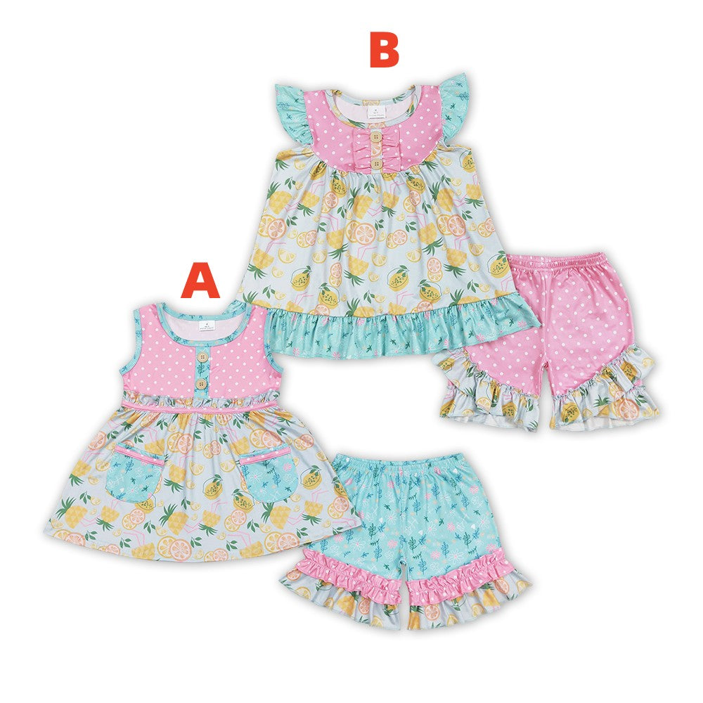 Summer Baby Girls Lemon Pineapple Sibling Shorts Set