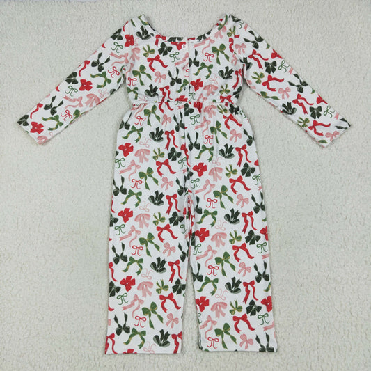 Kids Girls Red Green Bow Long Sleeve Jumpsuit