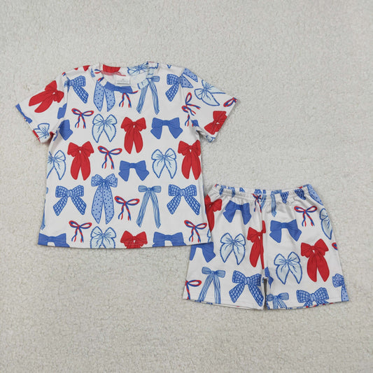 GSSO2772 Baby Girls Blue Red Bow Shorts Set