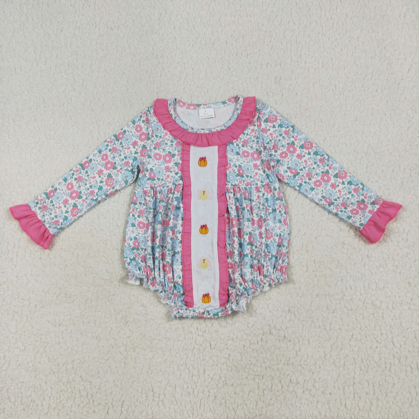 LR2219 Baby Girls Floral Embroidery pumpkin Long Sleeve Bubble Romper