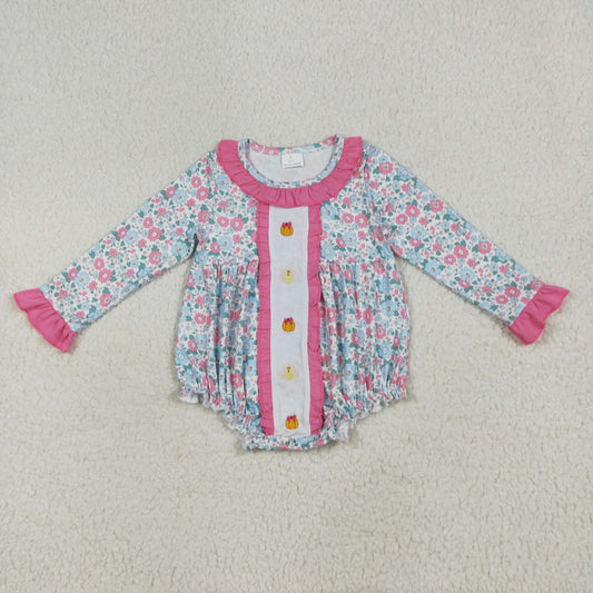 LR2219 Baby Girls Floral Embroidery pumpkin Long Sleeve Bubble Romper