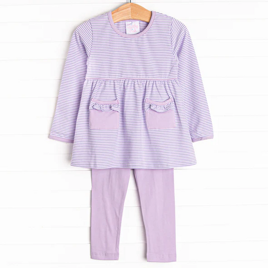 3 MOQ Baby Girls Purple Sriped Tunic Top +Pants Outfit Pre-order