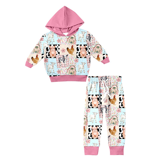 3 MOQ Baby Girls  Cute Farm Animal Hoodie Top Pants Outfit Pre-order