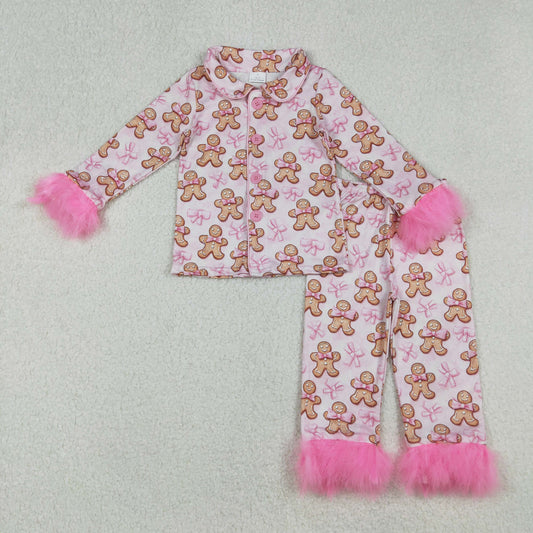 Baby Girls Christmas  Gingerbread Pink Bow Long Sleeve Button Pajama Set With Fur