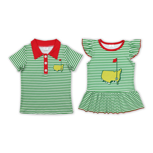 Sibling Baby Kids Green Stripe Short Sleeves Golf Print Shirt Top