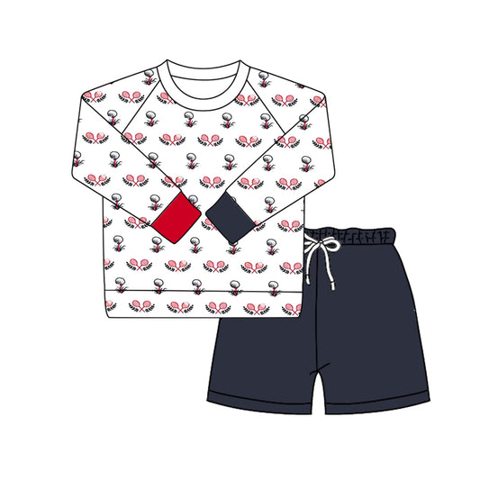 Preorder , 5 MOQ Baby Boys tennis Long Sleeve Top With Navy Shorts Set