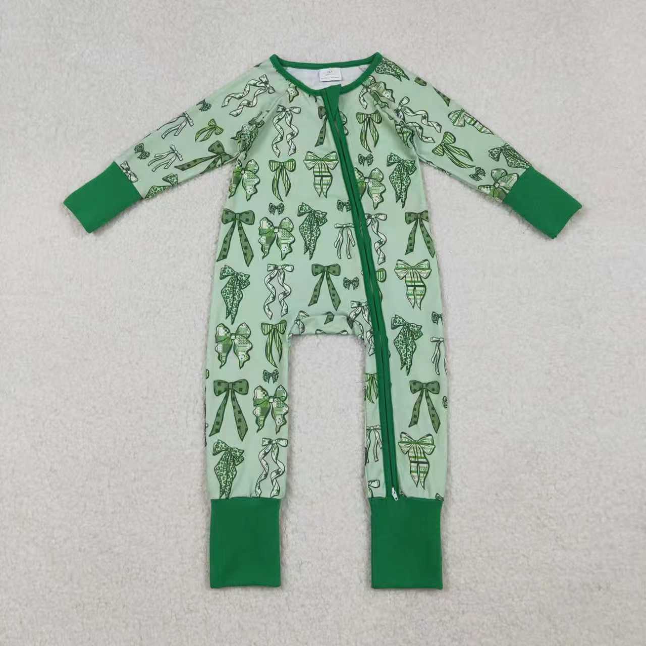 Sibling Baby Girls Green Bow Long Sleeve pajama Set and Romper