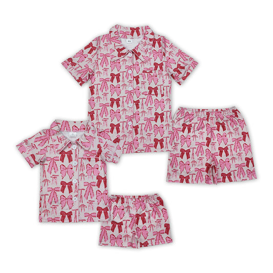 Sibling Pink Short Sleeves Button Down Bows Mama And Me Pajamas Set