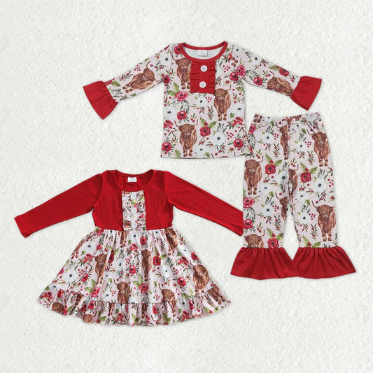 Sibling Baby Girls Highland Cow Flowers Pajama Set/Dress