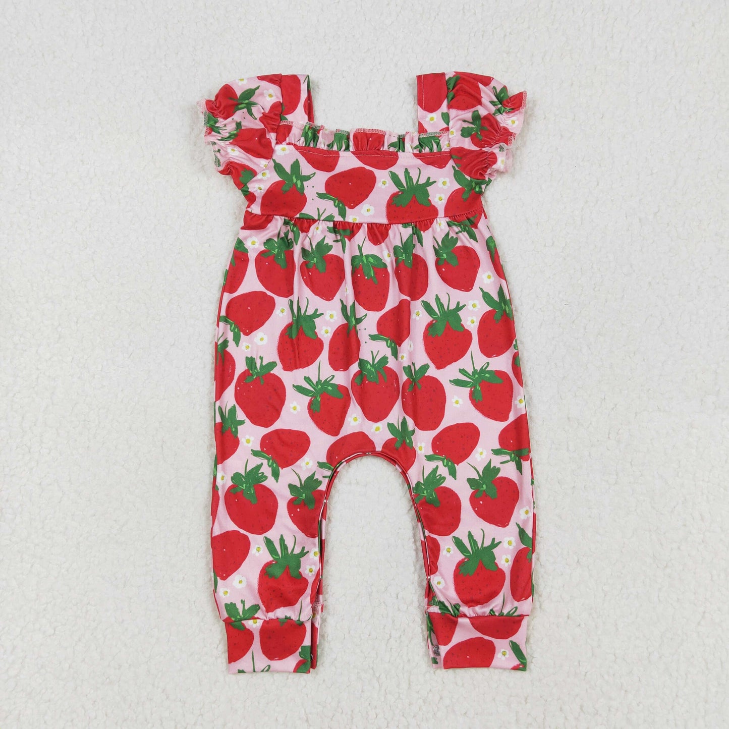 Baby Girls Pink Short Ruffle Sleeves Red Strawberry Romper