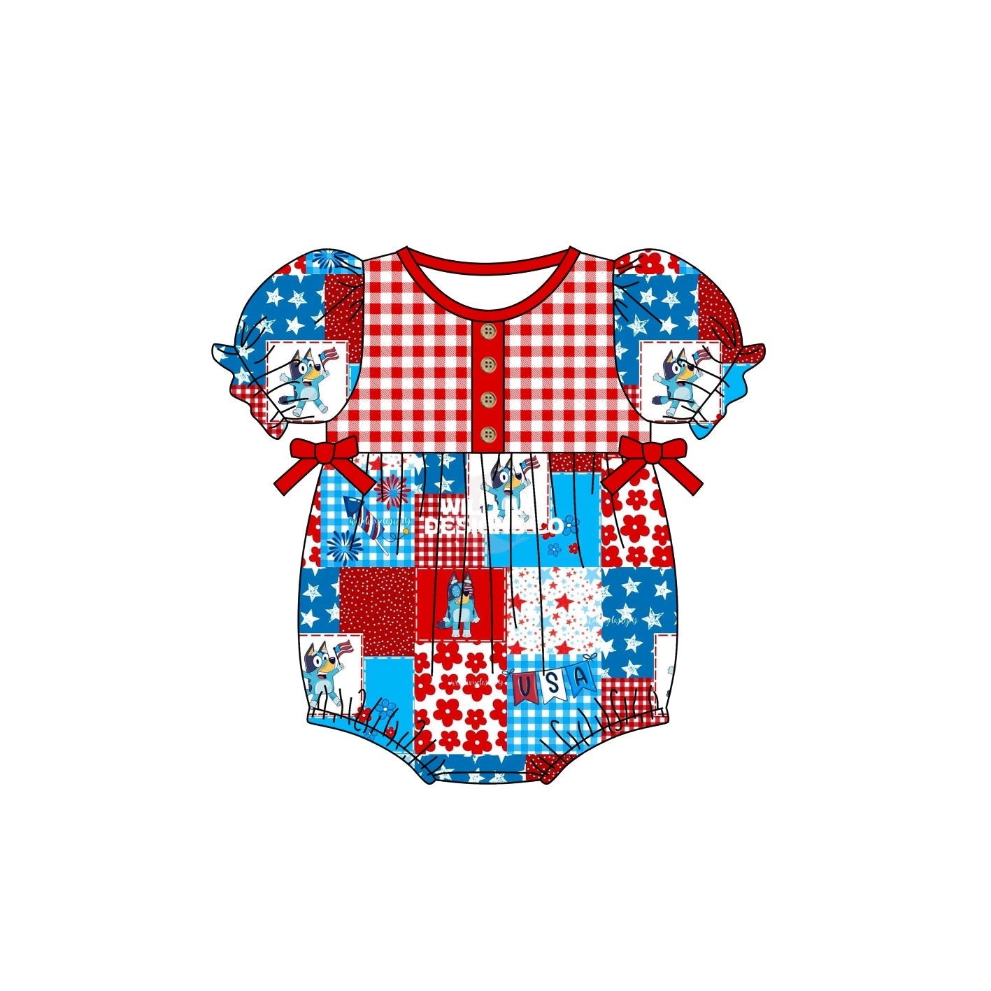 (5MOQ)  Baby Girls July 4th Cartoon Dog Romper Pre-order