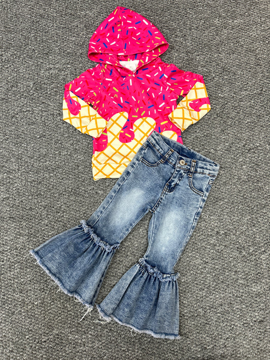 Ice Cream Drip Hot Pink Hoodie Top With Bell Bottom Jeans Set