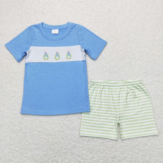 Baby Boys Blue Short Sleeves Embroidery Bunny Top Stripe Shorts Easter Set