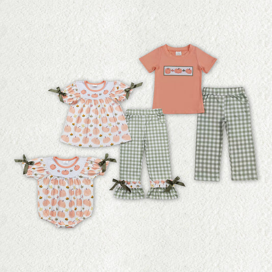 Baby Girls Boys Sibling Fall Embroidery Pumkin Outfit and Romper