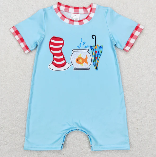 Baby Boys Blue Short Sleeves Cartoon Dr Reading Hat Fish Print Romper