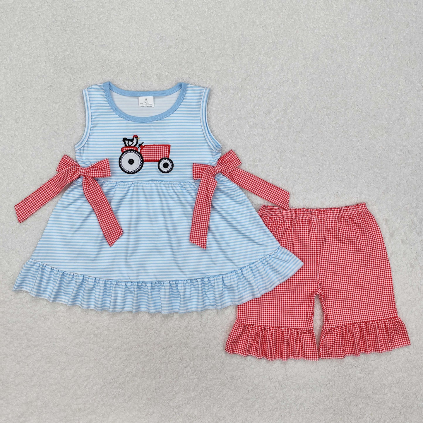 Sibling Baby Kids Blue Stripe Embroidery Chicken Truck Top Red Plaid Short Farm Set And Rompers