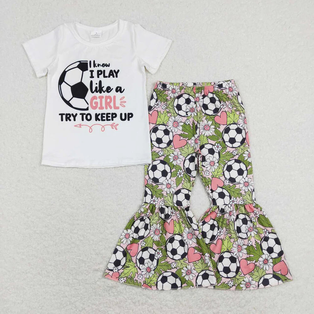 GSPO1263 Baby Girls White Soccer Tee Shirt Top Bell Pants Clothes Sets