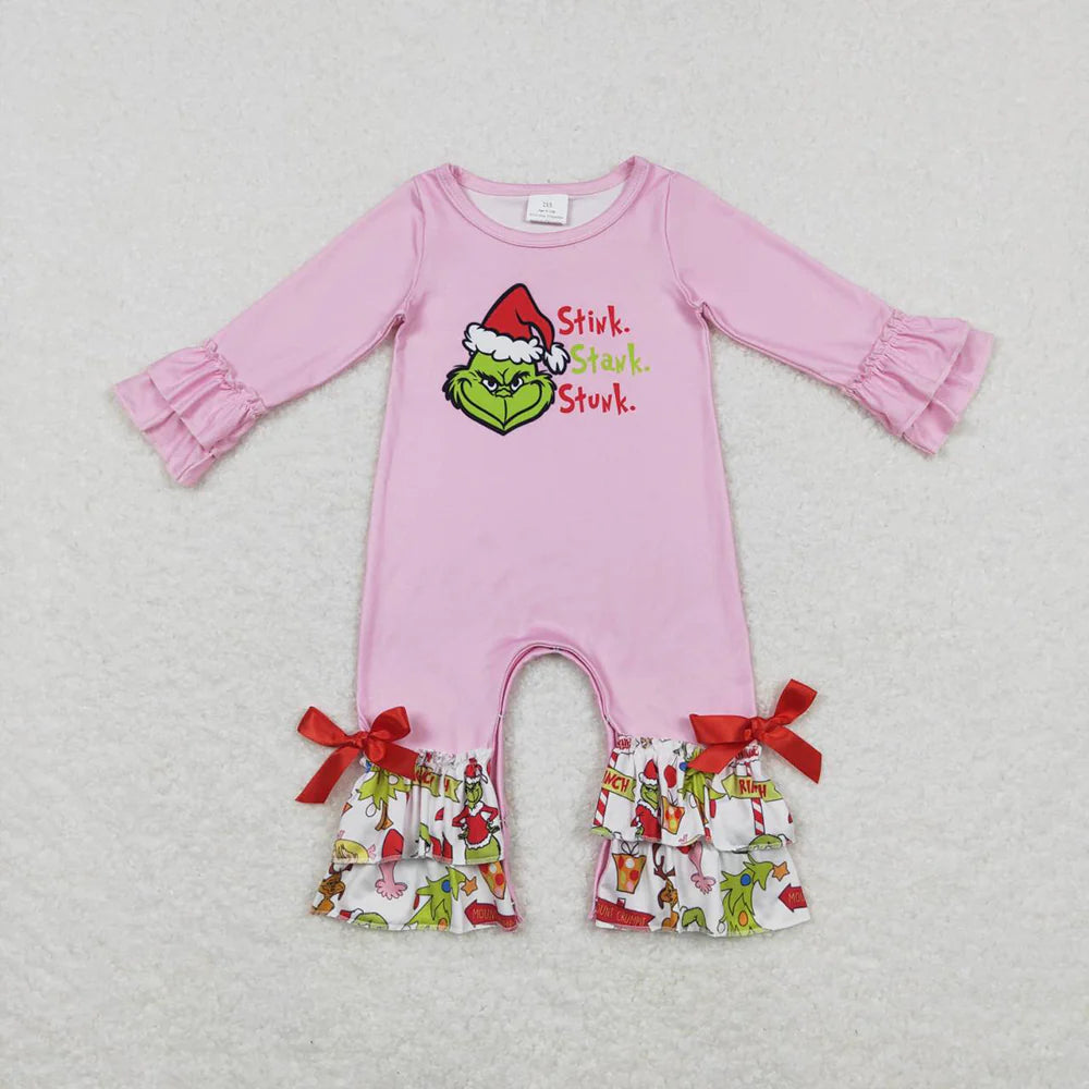 LR0778 USA Shop  Infant Girls Pink Green Face Ruffle Long Sleeve Rompers