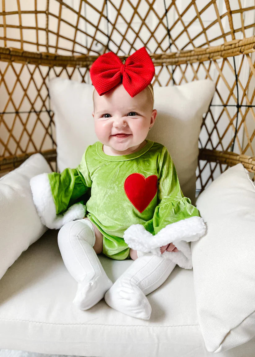 Baby Girls Heart Green Romper Velvet fabric