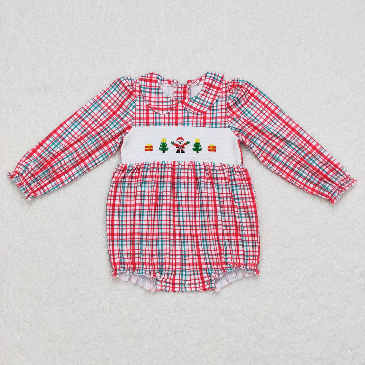 LR0571 USA Shop Christmas Baby Girls Santa Red Plaid Smocked Long Sleeve Rompers