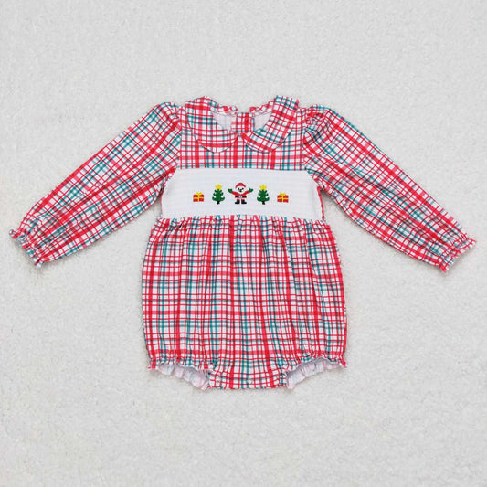 LR0571 USA Shop Christmas Baby Girls Santa Red Plaid Smocked Long Sleeve Rompers