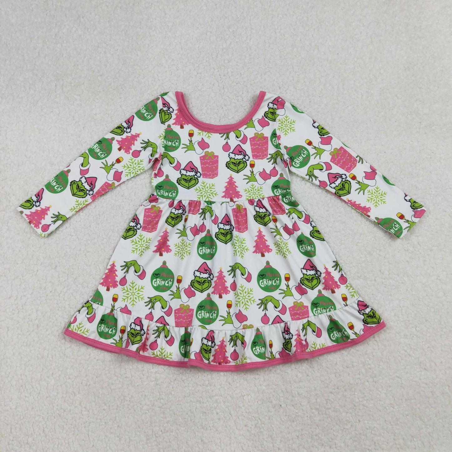 Kids Girls Christmas Green Face Long Sleeve Dress