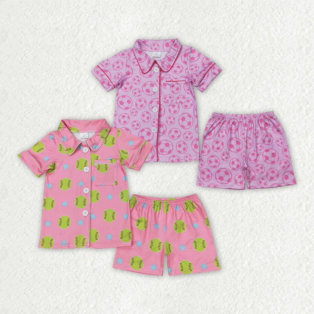 Sibling Toddler Girls Sports Ball Buttons Top Shorts Pajama Set