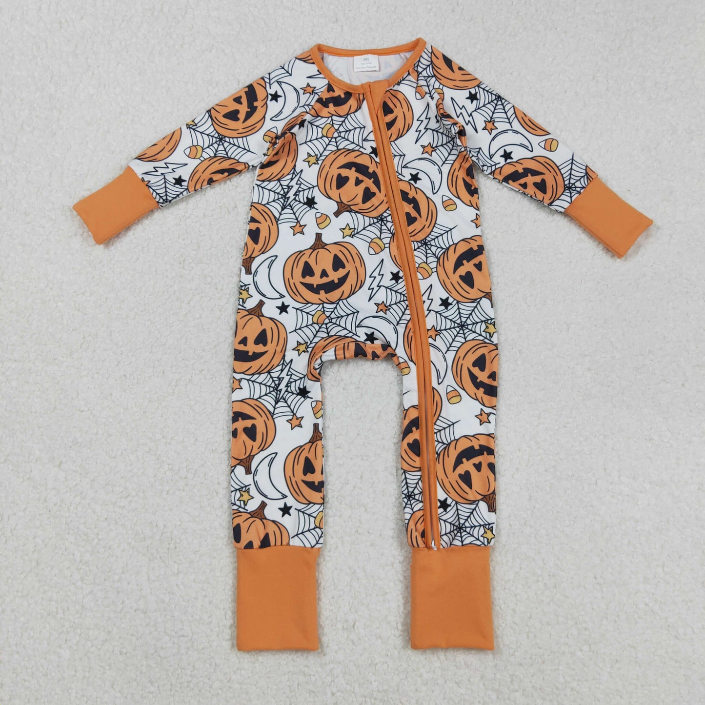 LR2528 Baby Boys Halloween Pumpkin Long Sleeve Footed Romper With Zippy