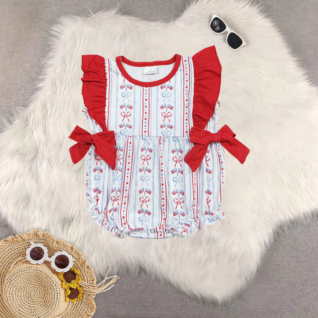 Sibling Baby Girls Red Bows Flag July 4th Rompers Outfits Sets