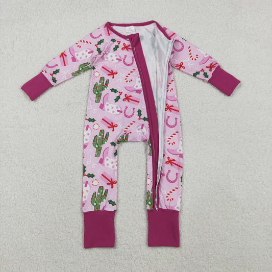 Baby Girls Christmas Cactus Boots Pink Long Sleeve Zipper Romper