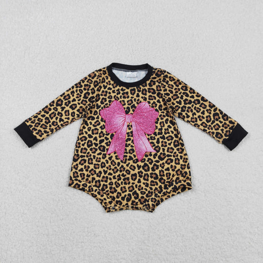 LR2775 Baby Girls  Pink Bow Leoaprd Long Sleeve Bubble Romper