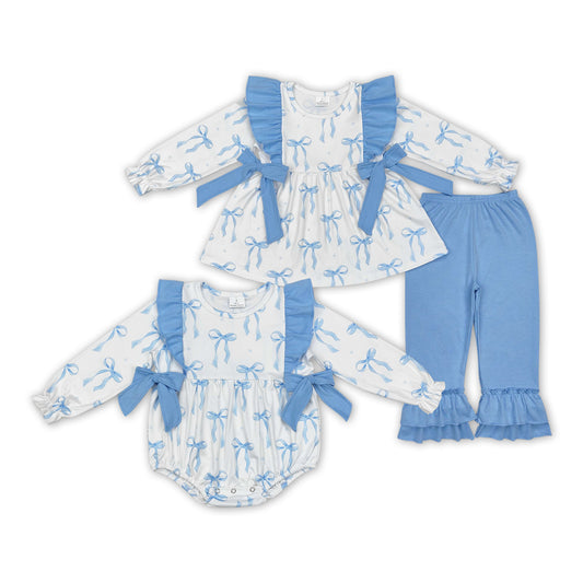 Sibling  Baby Sister Blue Bow Tunic Pants and Romper