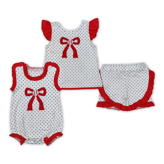 Sibling Baby Girls Polka Dots Embroidery Baseball Bow Romper And Set