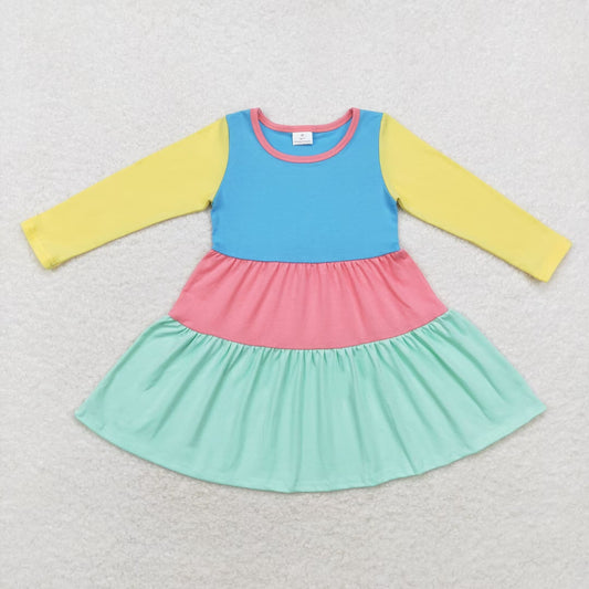 GLD0601 Baby Girls Blue Pink Green Patch Long Sleeve Dress